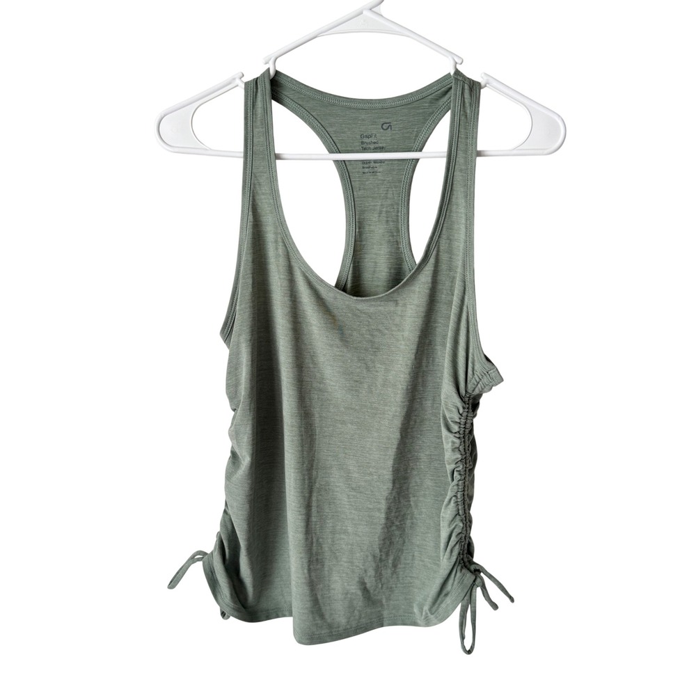 GapFit Brushed Tech Jersey Racerback Tank Top Sage Green Ruched Sides Medium